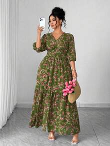 Vestido de manga corta con estampado floral, ligero, elegante y casual para uso diario y vacaciones, para mujer de talla grande, primavera/ve - amarillo ganso - Ver 7