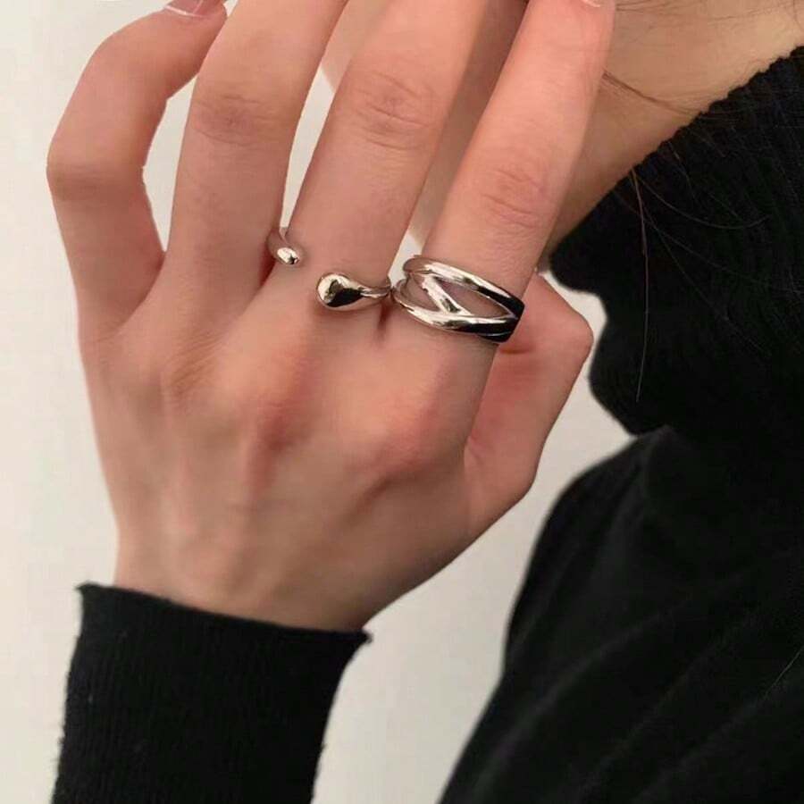 Cincin Terbuka Minimalis Kreatif Niche, Desain Estetika Dingin Kelas Atas, Cincin Pita Polos Sederhana Bergaya Vintage - Perak - View 1