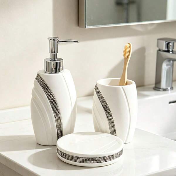 Home & Living > Bathroom > Bathroom Accessories & Accessory Sets > Bathroom Accessory Set Luxury Bathroom 4-Piece Set Nordic Style Toiletries Set Bathroom Cup Manual Soap Dispenser Soap Dish Toothbrush Holder
