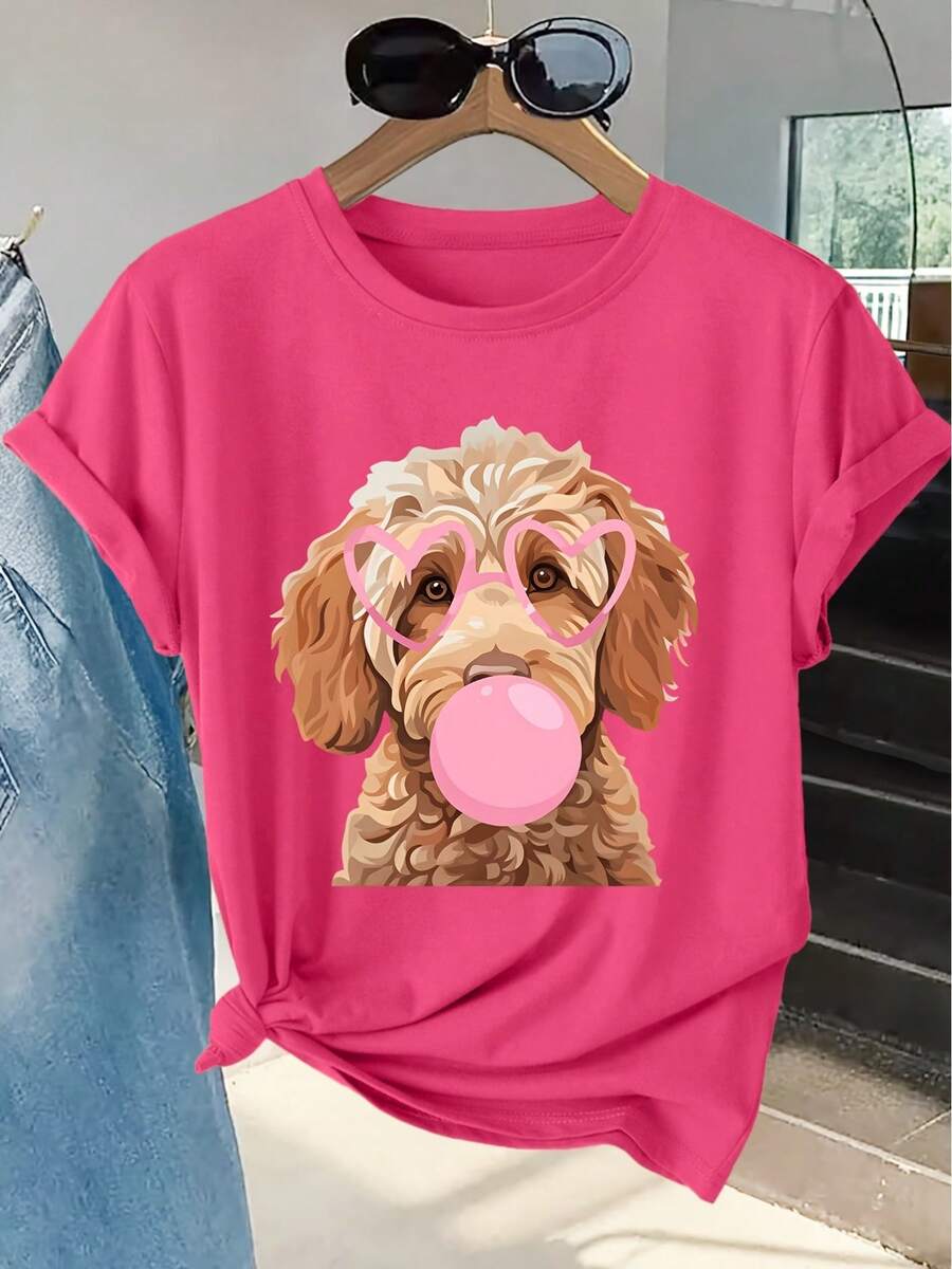 Women's Short-Sleeved T-Shirt With A Fun "Bubblegum" Poodle Print, Round Neck, Machine Washable, Skin-Friendly, Soft, Breathable, Suitable For Spring. - Hot Pink - View 1