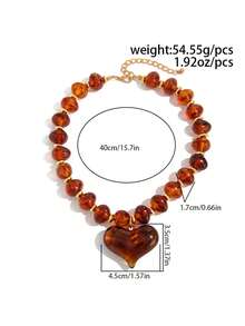 1 pieza Collar de cuentas de resina bohemio vintage exagerado, collar de colgante de corazón de resina de lujo de moda colorido, adecuado para el uso diario de las mujeres y las vacaciones de verano, joyería de moda - Marrón - Ver 5