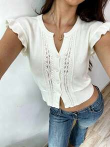 Bohemian Style Women's White Short Sleeve Knit Cardigan, Ruffle Sleeve And Button Detail, Slimming Knit Top For Autumn Layering Summer - White - View 9