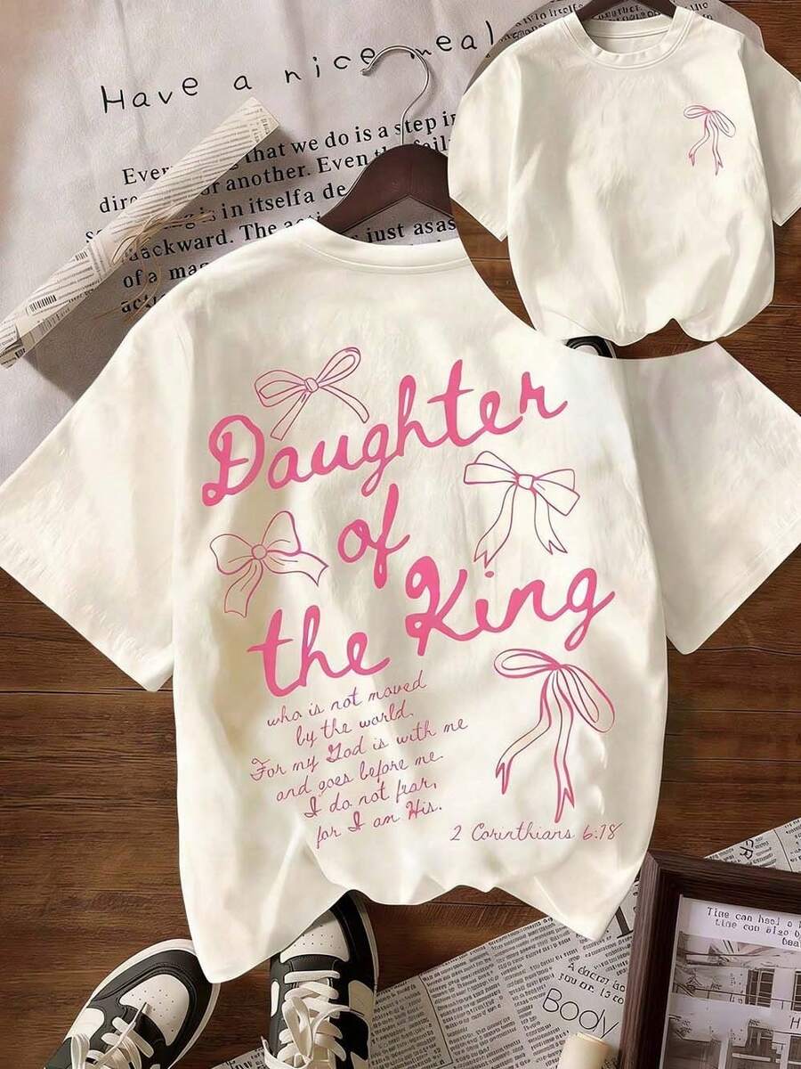 'The King's Daughter' Graphic T-Shirt, Women's Faith Clothing With Biblical Aesthetic, With Text Printed On The Back, Double-Sided 'Daughter Of The King' T-Shirt - 杏子 4 - 查看 1