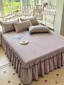 2-Color Striped Pattern Double Layer Ruffle Bed Skirt 3 Pieces Set Including 1 Bed Skirt And 2 Pillowcases, Elegant Fresh Pastoral Style, Suitable For Double Bed And Single Bed, Bedroom Bedding Bed Sheets, Multiple Size Options, All Season Use - Lilac Purple - View 8