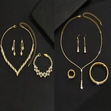 4pcs Bridal Jewelry Set, Including Korean Style Necklace, Earrings, Bracelet And Hair Accessories For Wedding Dress - Gold - View 6