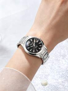 Reloj de cuarzo con caja redonda de acero inoxidable plateado, esfera rosa, diseño de estrella, con calendario, regalo de cumpleaños, versátil para uso diario, vuelta a la escuela - Plateado - View 4