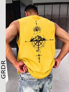 GRDR Men's Summer Compass & Mountain Peak Print Casual Sleeveless Tank Top - Yellow - View 1
