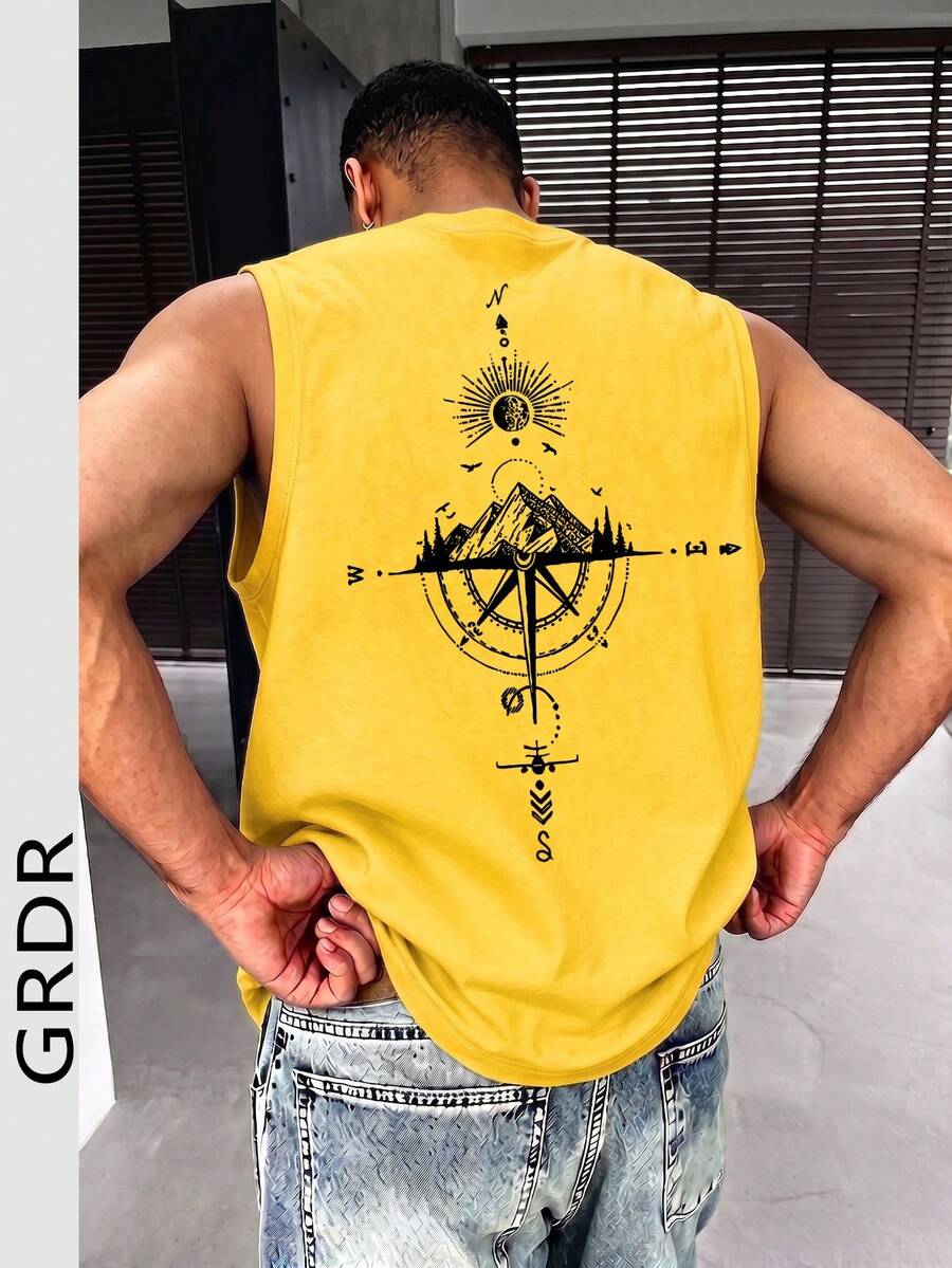 GRDR Men's Summer Compass & Mountain Peak Print Casual Sleeveless Tank Top - Yellow - View 1