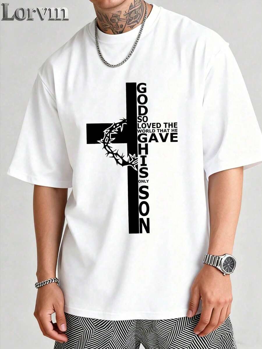 Vintage Men's T-Shirt "God Loves The World", 100% Cotton, Round Neck, Casual Summer Style For Holidays. - White - View 1