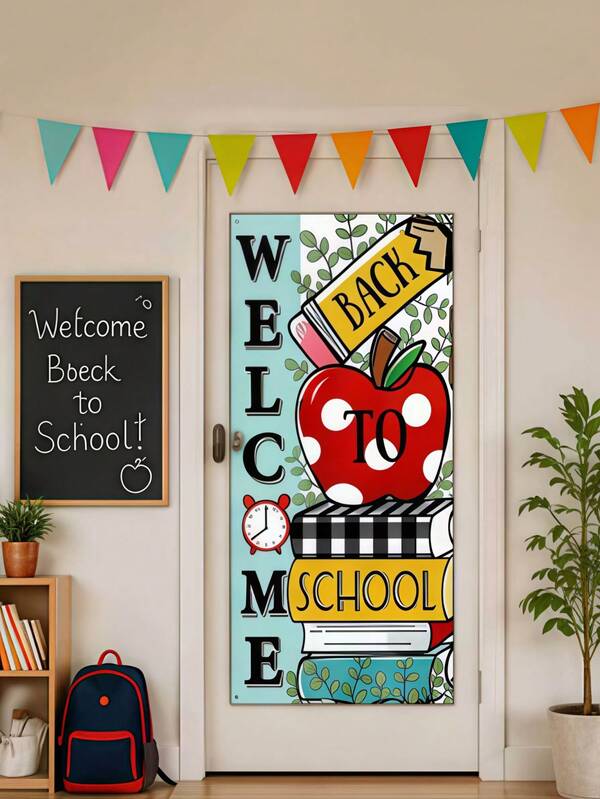 1pc Back To School Decoration: "Welcome Back" Door Sticker And Vertical Rustic Print Banner, Suitable For First Day Of School, Applicable For Kindergarten, Elementary School, Middle School And Classroom Decoration