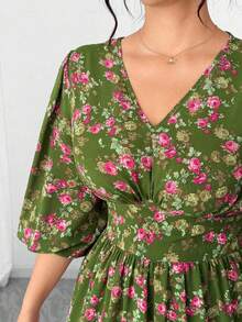 Vestido de manga corta con estampado floral, ligero, elegante y casual para uso diario y vacaciones, para mujer de talla grande, primavera/ve - amarillo ganso - Ver 4