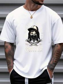 T-shirt graphique à manches courtes en pur coton pour hommes, style street oversize, imprimé Ghetto Warriors, Top décontracté - Blanc - Voir 1