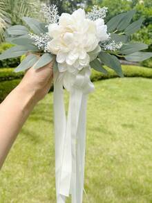 Wedding Car Decoration Set, Artificial Flower Rearview Mirror Hanging Ornament With Door Handle Bowknot Bouquet, Romantic Bridal Vehicle Decor Accessories For Wedding Ceremony, Reception, Engagement Party & Photo Props - Multicolor - View 3