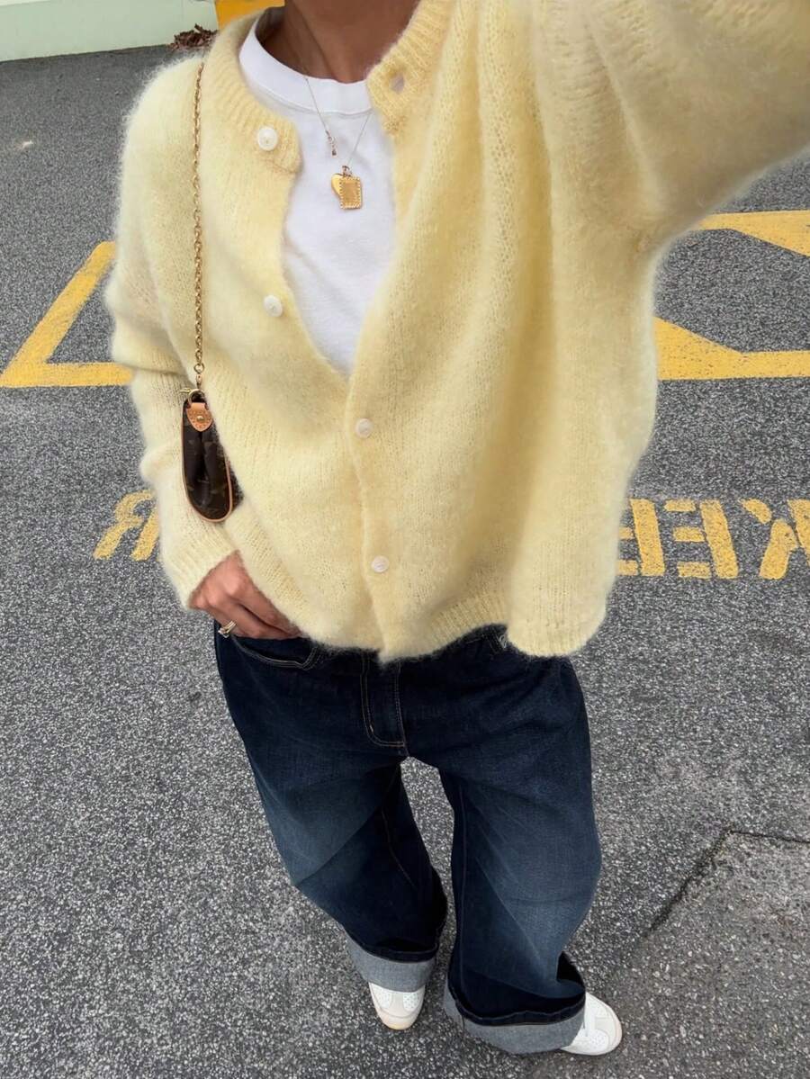 2626 Butter Yellow Lightweight Soft Women's Round Neck Long Sleeve Dropped Shoulder Semi-Transparent Fluffy Cardigan, Ideal For Autumn And Winter - Yellow - View 1