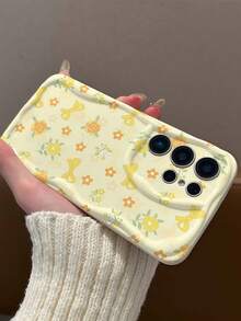 1 pieza Funda de teléfono con textura suave de TPU, diseño creativo y personalizado de onda de dopamina con volantes, patrón de girasol y lazo en color crema, compatible con Galaxy S21 S22 S23 S24 S25 S26//Honor// y otros modelos - Blanco - Ver 3
