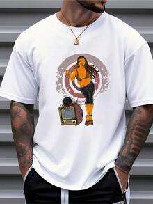 Men's Pure Cotton Short Sleeve T-Shirt Retro Vintage Radio Graphic Print Casual Oversized Tee - 白色 - 查看 1
