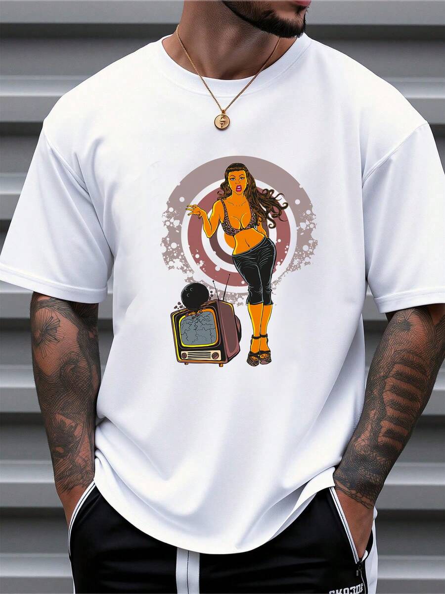 Men's Pure Cotton Short Sleeve T-Shirt Retro Vintage Radio Graphic Print Casual Oversized Tee - 白色 - 查看 1