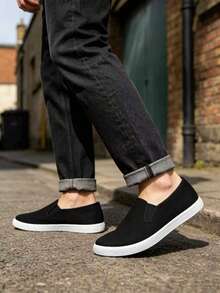 Black Canvas Slip-On Shoes, Lightweight Breathable Casual Slip-On Design, Suitable For All Seasons, Daily Commute, Outdoor Walking, Vacation - Black and White - View 3