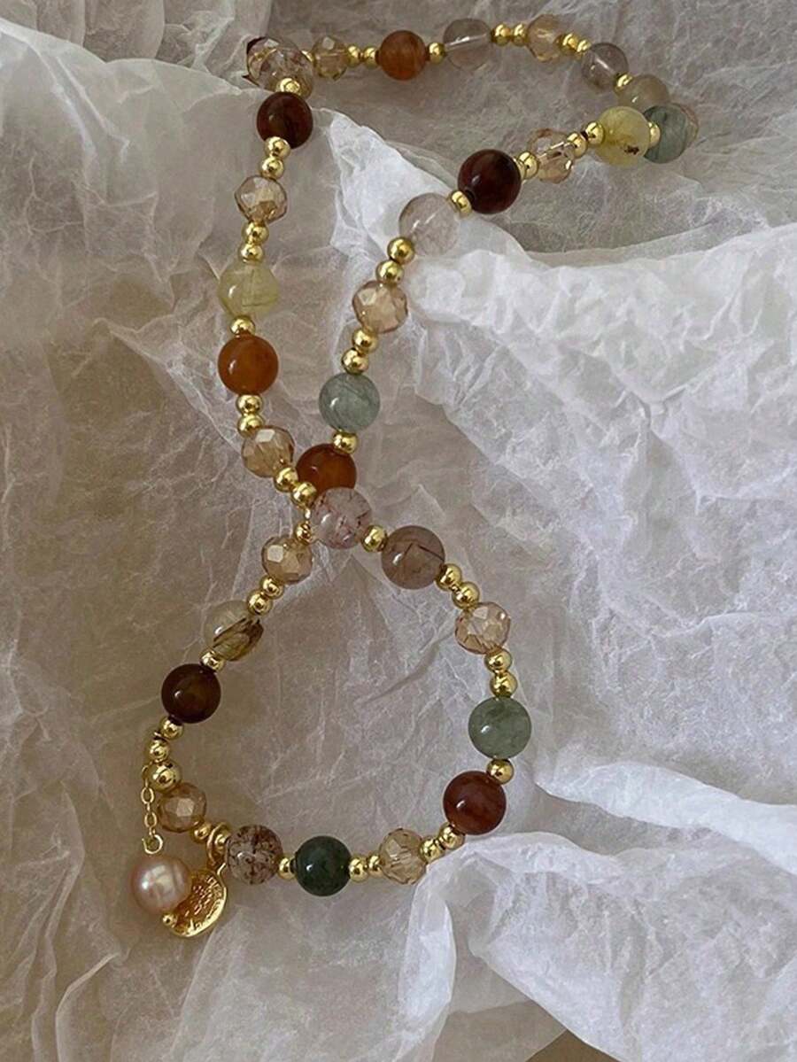 1pc Vintage Double Layer Crystal Pearl Beaded Women's Bracelet, Stone Bead Wrap Bracelet Jewelry Gift (Bead Color Random) - Multicolor - View 1