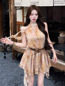 Women Short Dresses - Yellow With Belt (sleeveless) - View 2