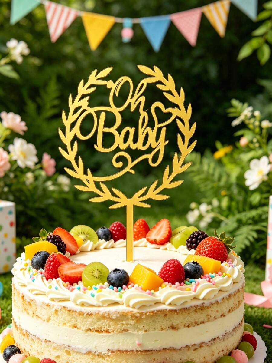 3pcs Gold Mirror Acrylic Oh Baby Cake Toppers, Laurel Wreath Design, Elegant Cursive Lettering With Sticks, Cake Top Decoration, Suitable For Baby Shower, Gender Reveal Party, Celebration Cake Decor - A - View 1