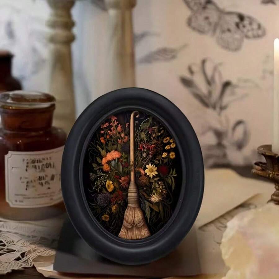 1pc 3D Black No-Drill Picture Frame, Gothic Oval Photo Frame, Suitable For Home Decor, Office Decor, Holiday Decor