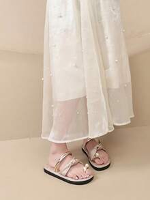Sandal Jepit Model Thong Toe Sol Tebal Warna Beige Terbaru untuk Musim Panas dengan Bordir Tenun, Modis untuk di Rumah, Luar Ruangan, dan Kencan - Krem - View 3