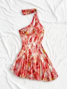 Vestido mini sexy de vacaciones para mujer con estampado floral romántico, tirantes de lazo y volantes en la parte trasera abierta - Multicolor - Ver 9