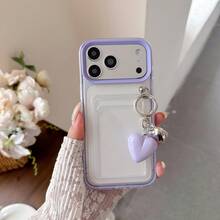 Compatible avec iPhone 17/17 Pro/17 Pro Max/16/15/14/13/12/11 Série Étui de téléphone, 1 pièce Ins 3-en-1 Porte-carte + Chaîne avec pendentif en forme de cœur, Étui de téléphone porte-carte antichoc à couverture complète, Étui de téléphone Apple 17 Pro Max, Étui de téléphone porte-carte - Parme - Voir 1