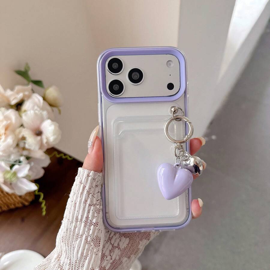 Compatible avec iPhone 17/17 Pro/17 Pro Max/16/15/14/13/12/11 Série Étui de téléphone, 1 pièce Ins 3-en-1 Porte-carte + Chaîne avec pendentif en forme de cœur, Étui de téléphone porte-carte antichoc à couverture complète, Étui de téléphone Apple 17 Pro Max, Étui de téléphone porte-carte - Parme - Voir 1