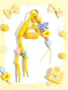 1pc Mini Earphone Keychain Woven Lanyard, Anti-Lost Hanging Chain Colorful Letter Bow Bag Charm - Multicolor - View 3