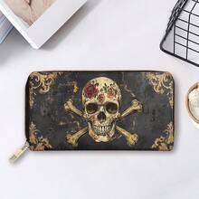 Skull And Bone Design Long Wallet With Zipper, This Multifunctional Handbag Includes Card Slots, Card Holder And Coin Pocket. It Features A Fashionable Double-Sided Pattern, Perfect For Both Men And Women. - Multicolor - View 5