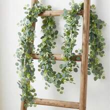 Artificial Eucalyptus Garland With White Flowers, Silver Dollar Eucalyptus Leaves And Baby's Breath, Faux Greenery Vine, Suitable For Wedding, Party, Fireplace Mantel, Table Runner, Home Decor, Office Decor - Apple Leaf Cane-green - View 5