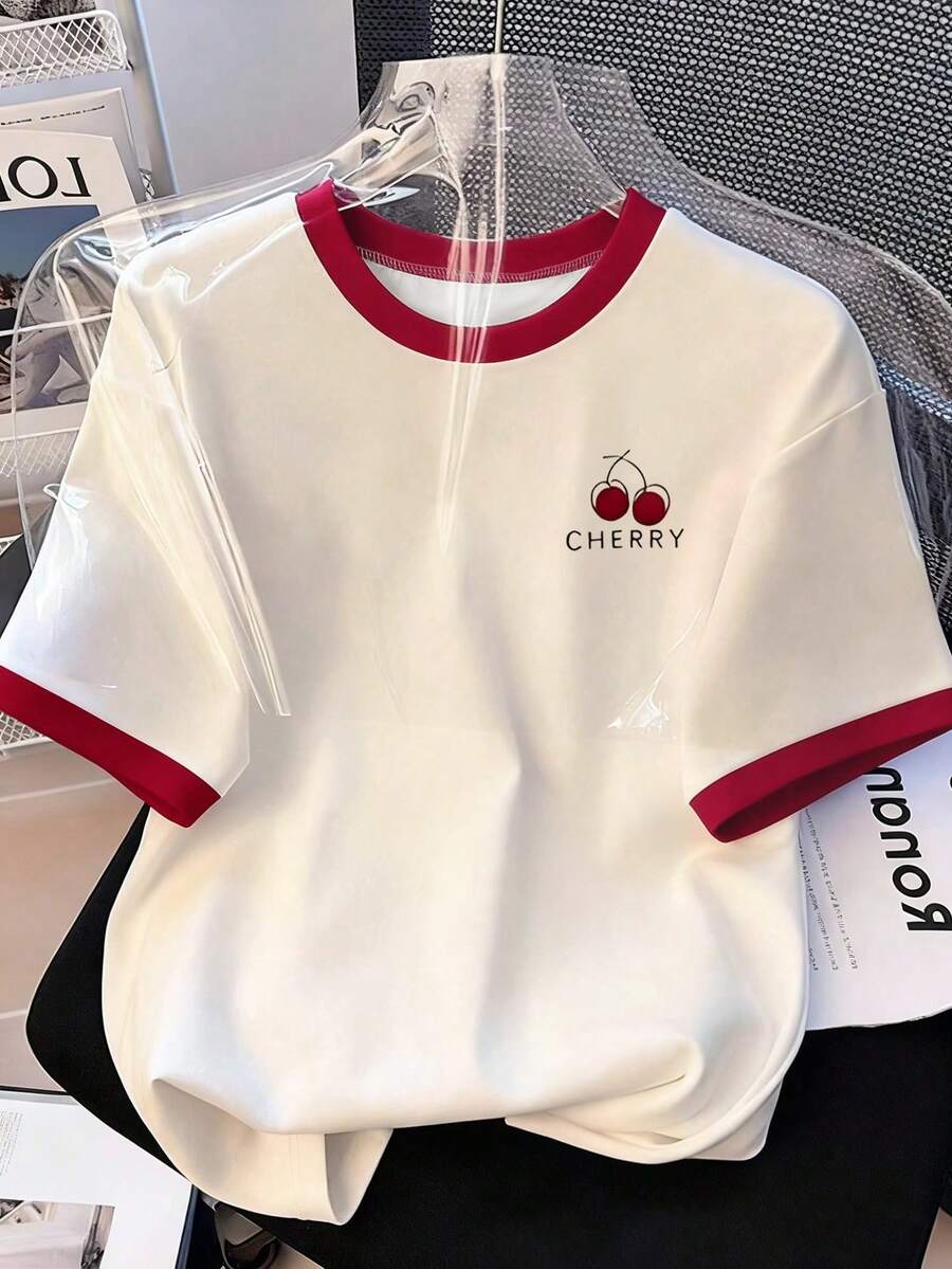 Short-Sleeved T-Shirt With Bow Print, Loose Fit, For Spring/Summer, For Casual Wear - 紅白 - 查看 1