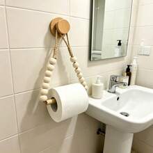 No-Drill Toilet Paper Holder, Rustic Style With Rope And Wooden Ball Decor, Adhesive Mount Toilet Paper Rack, Bathroom Accessory - View 6