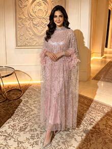 Stunning Arabic Style Formal Gown, Stand Collar Design, Cape Sleeves With Feather Decor, Full Body Sequin Embroidery - Pink - View 1