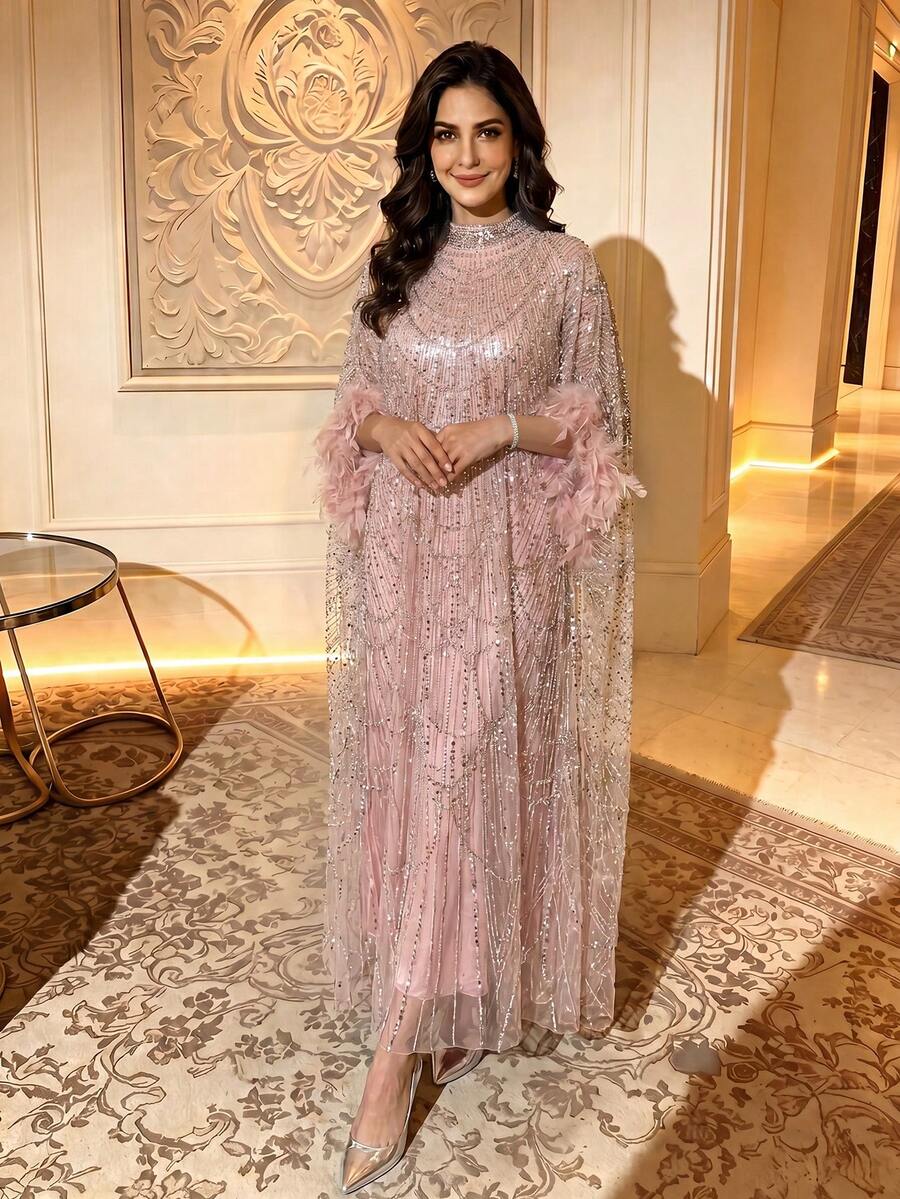 Stunning Arabic Style Formal Gown, Stand Collar Design, Cape Sleeves With Feather Decor, Full Body Sequin Embroidery - Pink - View 1