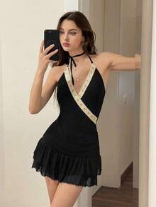 Vestido elegante sin mangas de encaje y malla en contraste con cuello halter, estilo boho country occidental para el verano - Negro - Ver 6