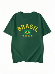 1 pieza Camiseta holgada y cómoda con estampado de la bandera de Brasil para mujer, top Y2K Blokecore de manga corta y cuello redondo, adecuada para deportes, vacaciones y atuendos casuales de calle - Verde Oscuro - Ver 2