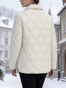 Women's White Quilted Diamond Pattern Thick Loose Winter Coat, Autumn Commute - White - View 5