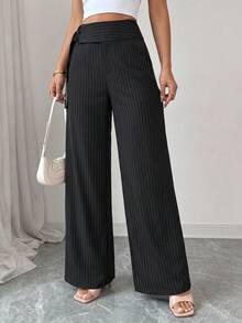 SwallowLucky Women's Fashion Deep Blue Fine Striped Wide Leg Pants, Drape Fabric, High Waist Metal Button Detail Black - Black - View 4