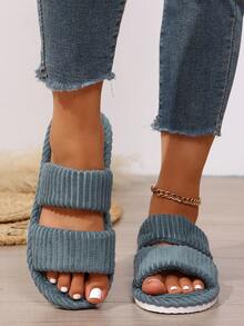 Classic Striped Two-Bar Open Toe Plush Slippers For Women, Breathable All-Season Indoor Home Fashion Slip-On Open Toe Slippers - Grey - View 6