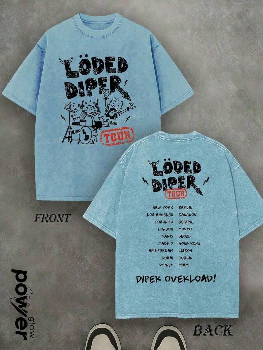 Soft Casual Cotton Loded Diper World Tour Double-Sided Print Unisex Crewneck Short Sleeve T-Shirt, Loose Summer Rock Graphic Tee For Men And Women - 淺藍色 - 查看 1