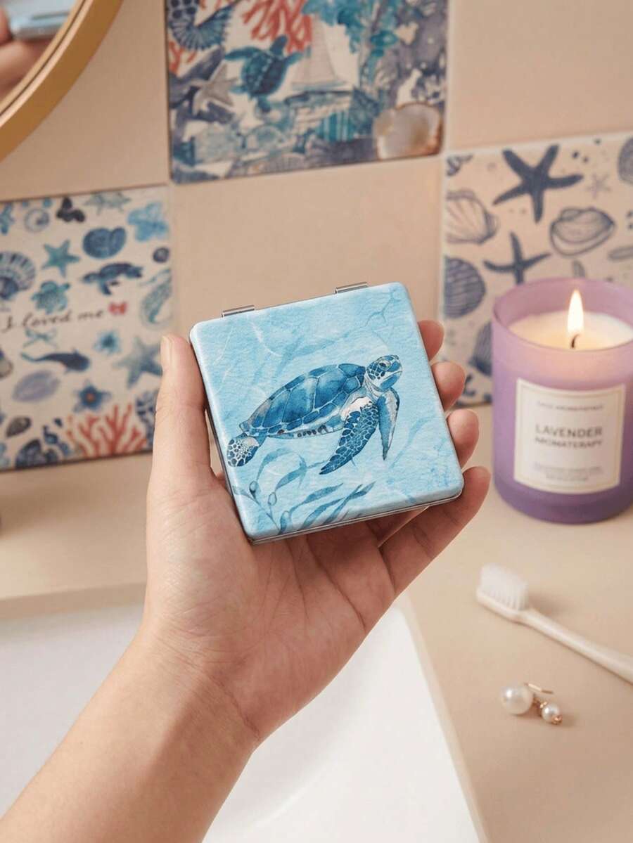 Ocean Series Portable Makeup Mirror, Foldable, Lightweight, Ultra-Thin, Convenient Hand Mirror, Durable PU Leather, Suitable For Various Scenarios And All People, Foldable Square, Portable