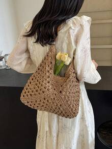 Dedoo Women's Crochet Bohemian Large Capacity Shoulder Bag, Beaded Coconut Tree Pattern, Leather Handle, Suitable For Summer (Random Pendant Hook) - Khaki - View 5
