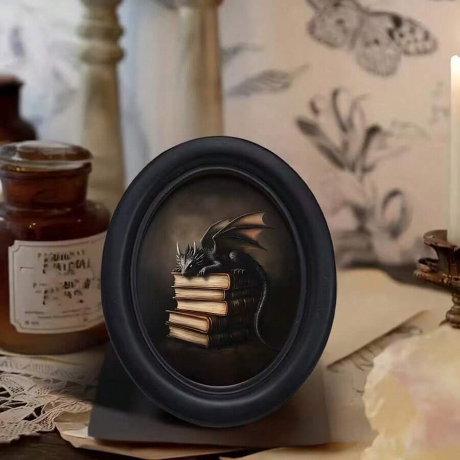 1pc 3D Black No-Drill Picture Frame, Gothic Oval Photo Frame, Suitable For Home Decor, Office Decor, Holiday Decor