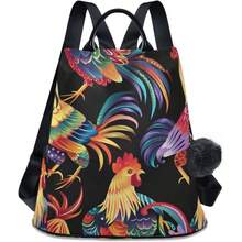 Fashion - Mochila ligera para mujer, para viajes, trabajo, uso diario, con pompones, gallos coloridos - inicial - Ver 1