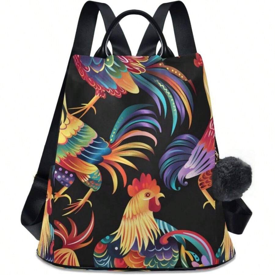Fashion - Mochila ligera para mujer, para viajes, trabajo, uso diario, con pompones, gallos coloridos - inicial - Ver 1