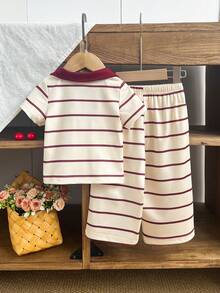 2pcs/Set Baby Girls' Collegiate Sports Style Cherry & Letter Embroidery Striped Polo Shirt + Matching Straight Pants Set, Summer - Apricot - View 2