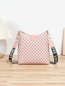 Bolso bandolera de unicolor con decoración metálica, estilo minimalista casual, con relieve de cocodrilo y correa de tela - Rosa - Ver 3